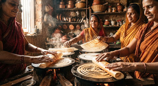 Artisans in Surat hand rolling delicate paper dosa snacks over hot iron tawas