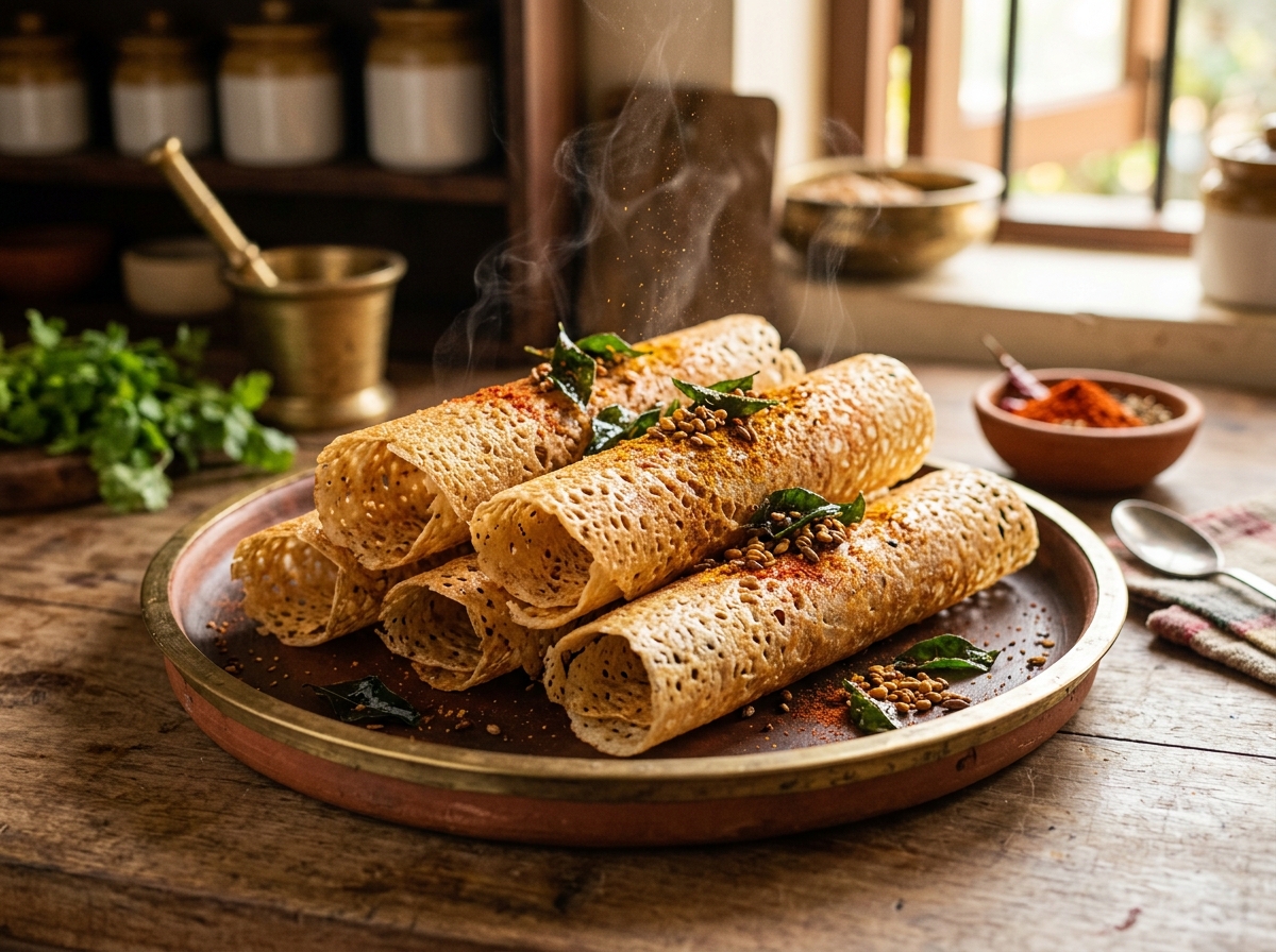 Golden brown crispy rolled Surat paper dosa snacks sprinkled with spices